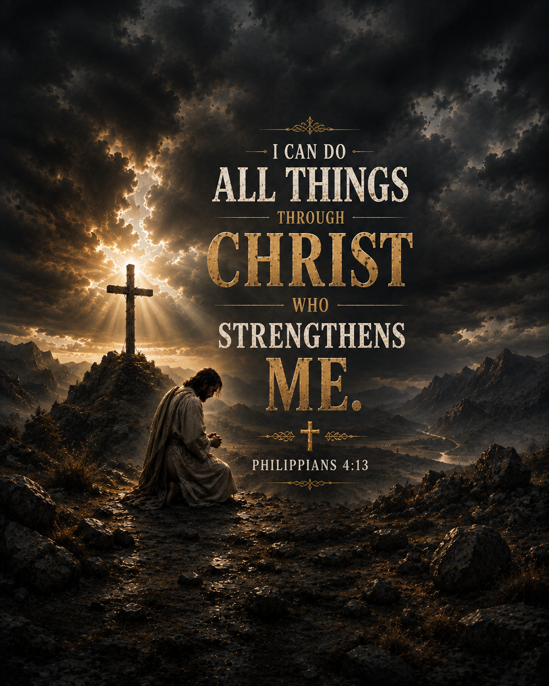 Philippians 4:13 Christian canvas wall art featuring I Can Do All Things Through Christ Who Strengthens Me Scripture with a kneeling figure beneath a cross and dramatic storm clouds.