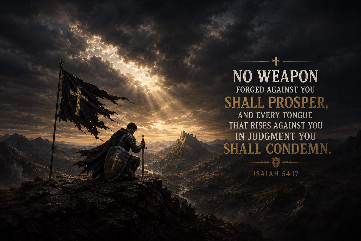 Isaiah 54:17 Christian canvas wall art featuring No Weapon Formed Against You Shall Prosper Scripture with a kneeling warrior overlooking a dramatic mountain landscape.