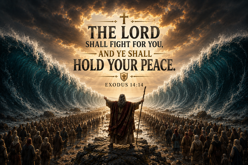 Exodus 14:14 Christian canvas wall art featuring The Lord Shall Fight for You Scripture with Moses before the parted Red Sea.