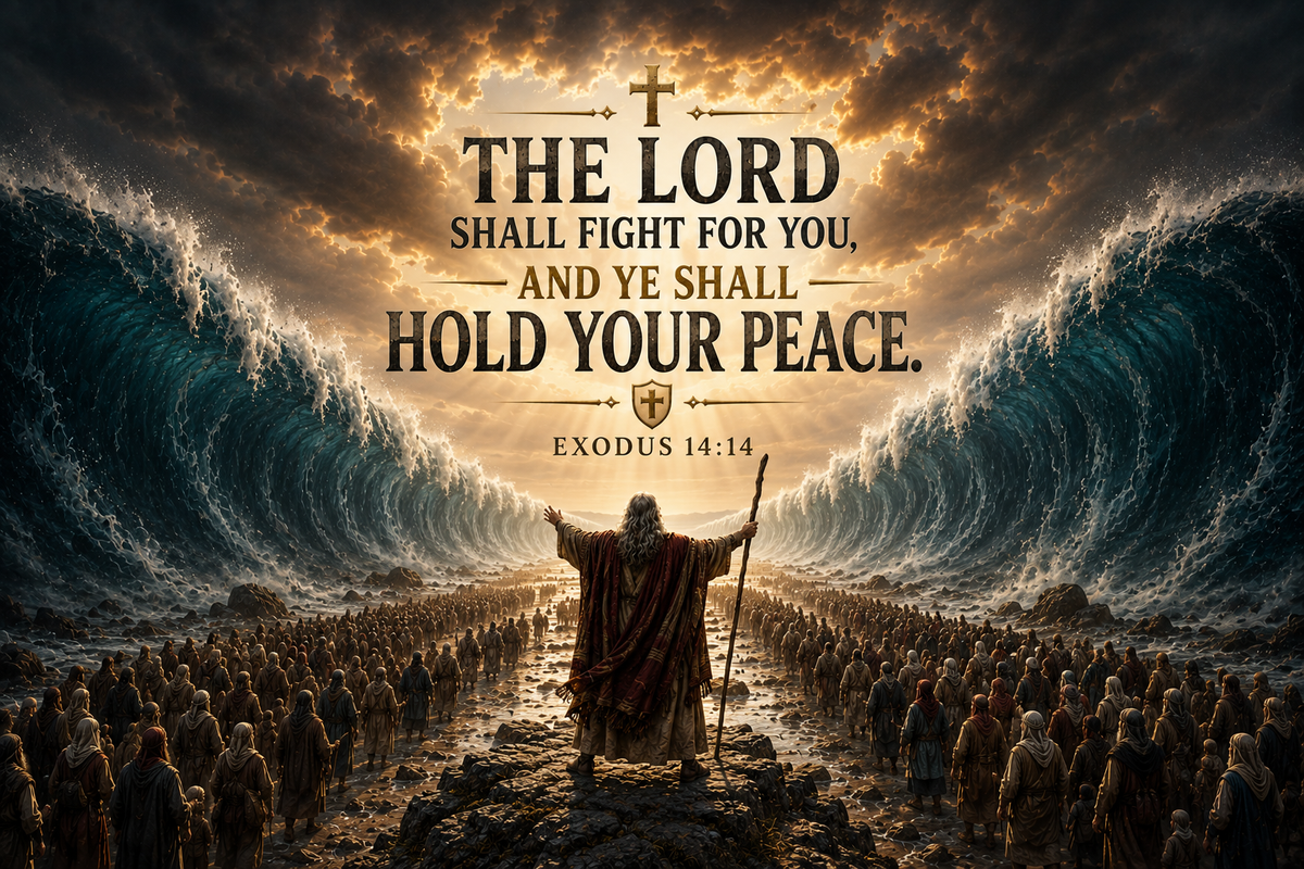 Exodus 14:14 Christian canvas wall art featuring The Lord Shall Fight for You Scripture with Moses before the parted Red Sea.