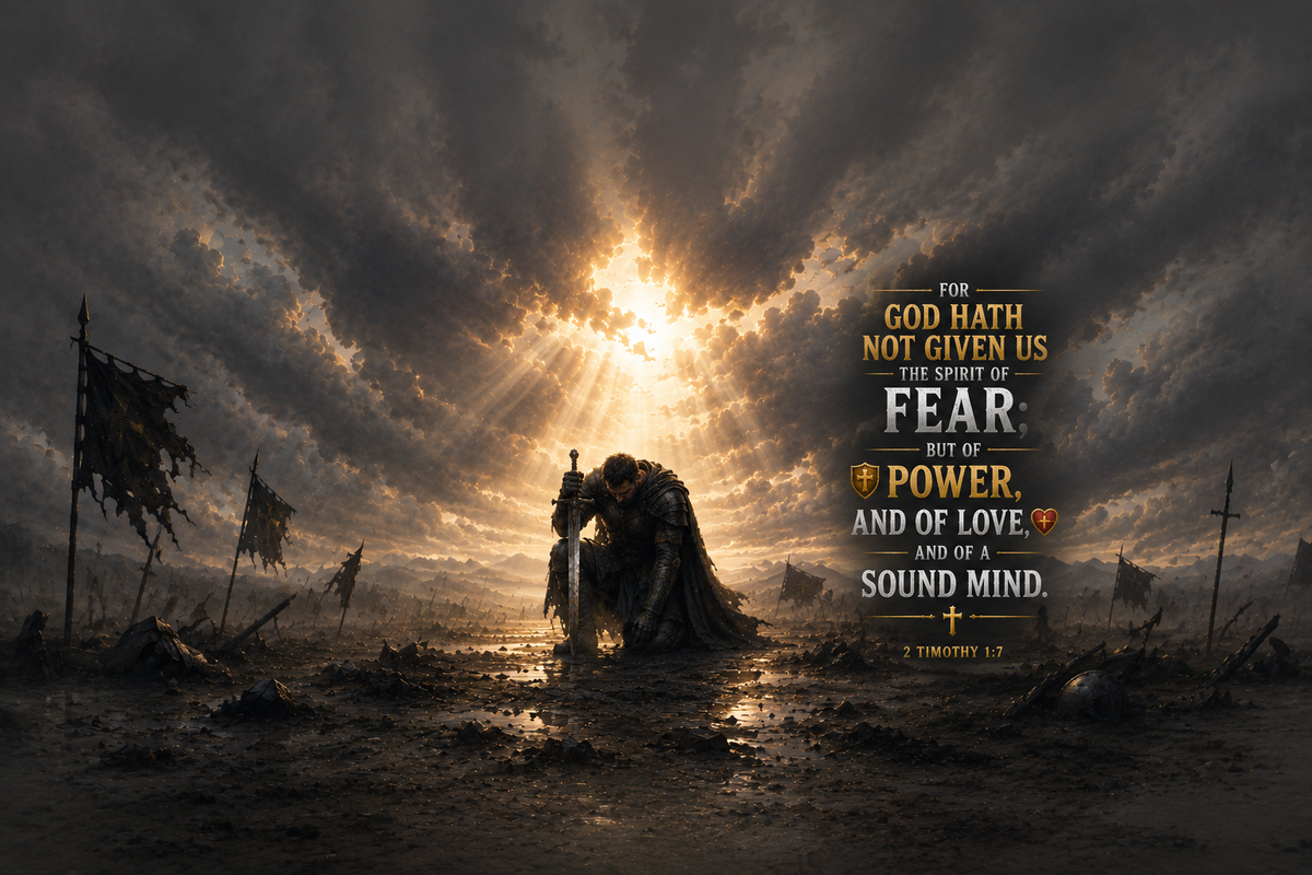 2 Timothy 1:7 Christian canvas wall art featuring a kneeling warrior beneath rays of light with Scripture about power, love and a sound mind.