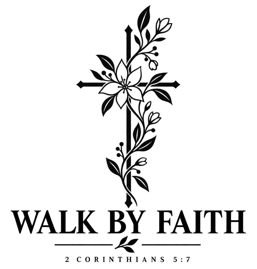 Walk by Faith Christian floral cross graphic inspired by 2 Corinthians 5:7, featuring botanical details and elegant faith-based typography.