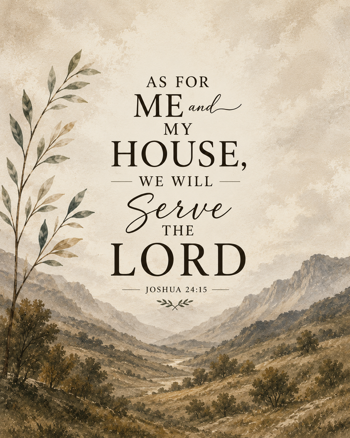Joshua 24:15 Christian canvas wall art featuring As for Me and My House We Will Serve the Lord Scripture over a peaceful mountain landscape.