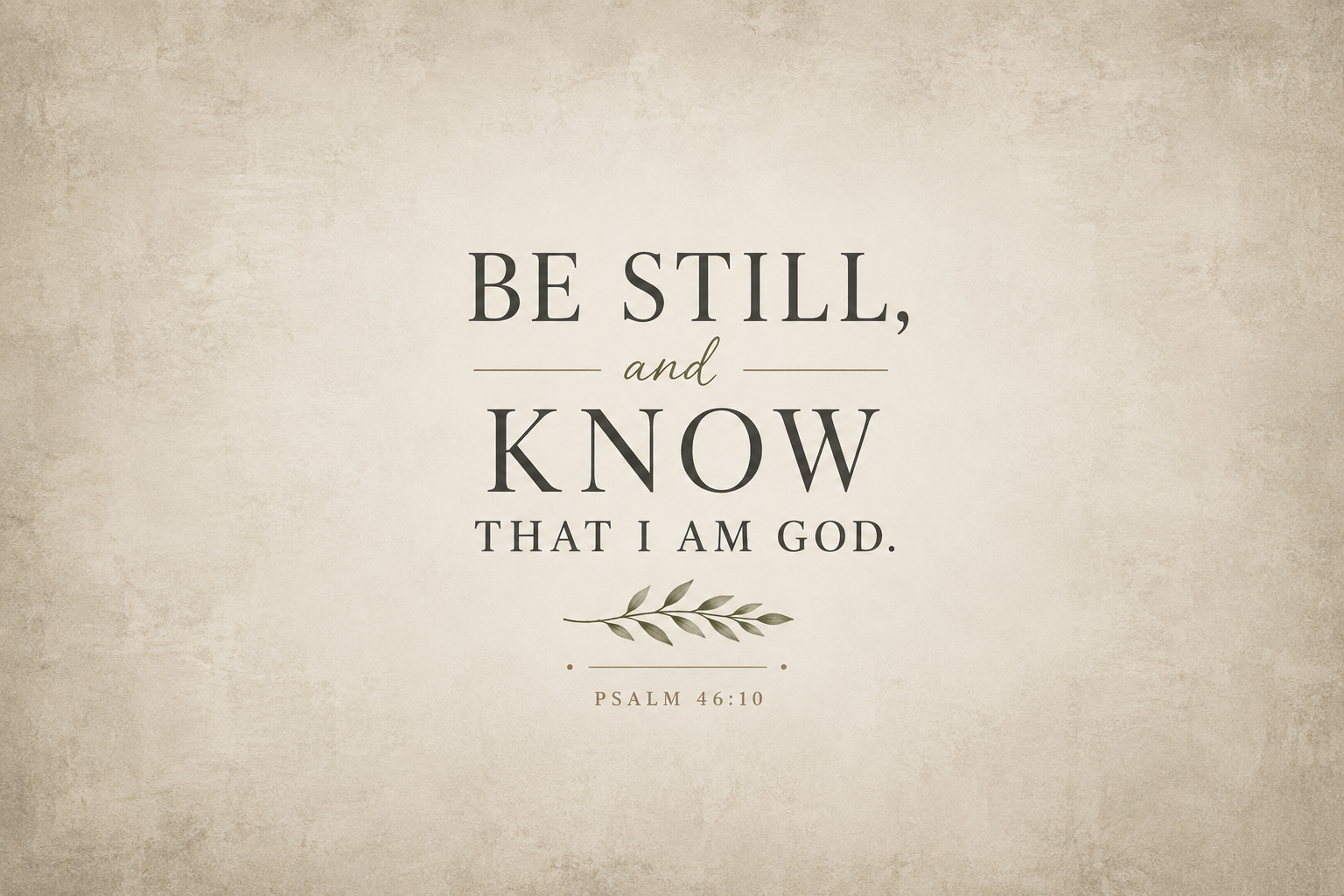 Psalm 46:10 Christian canvas wall art featuring Be Still and Know That I Am God Scripture typography with a subtle olive branch accent.