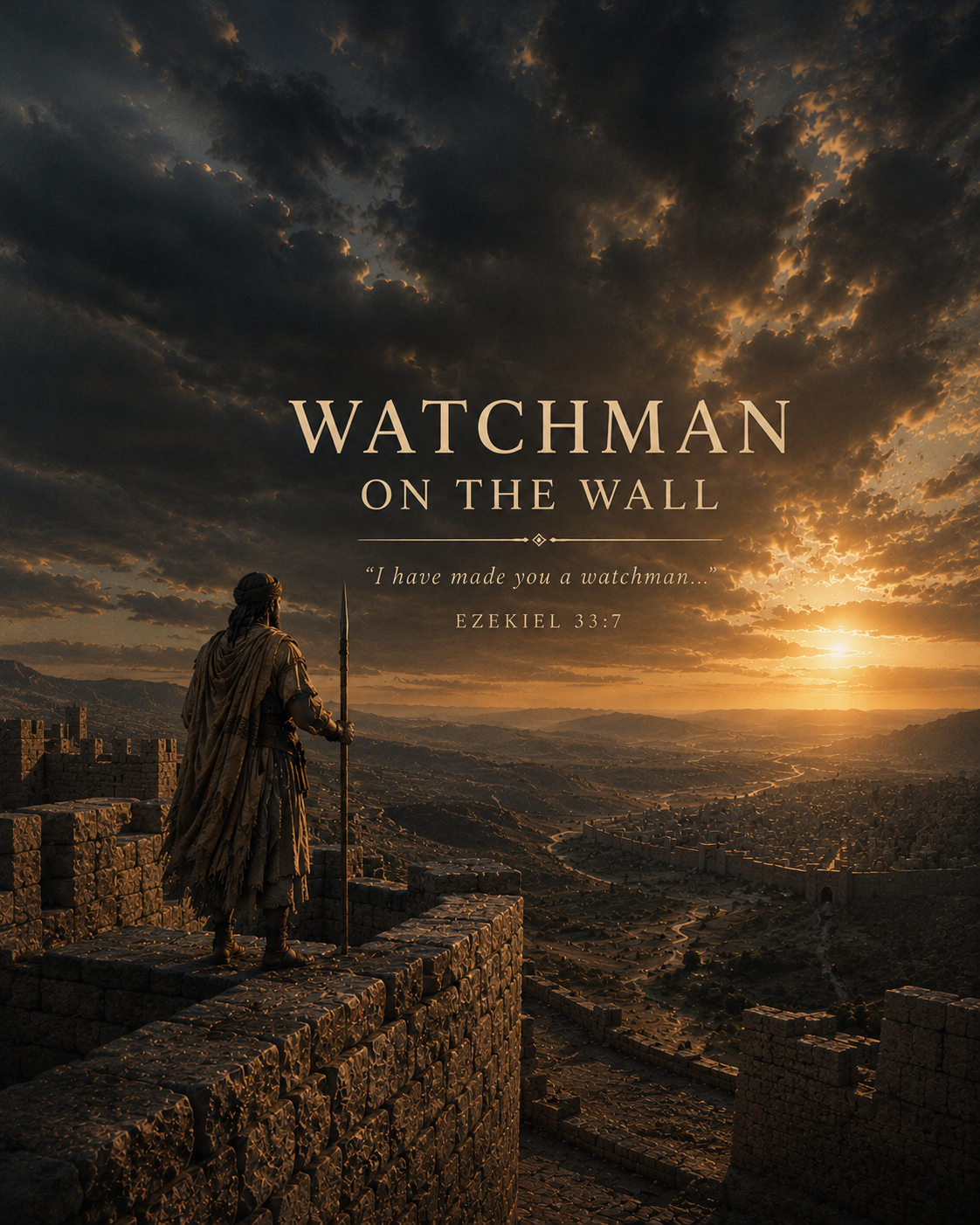 Watchman on the Wall Bible art inspired by Ezekiel 33:7 featuring an ancient biblical watchman