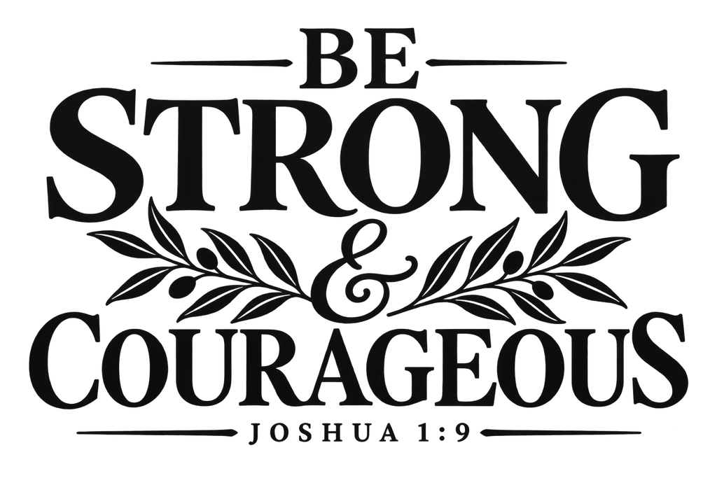 Be Strong and Courageous Joshua 1:9 Christian embroidery design with botanical detailing