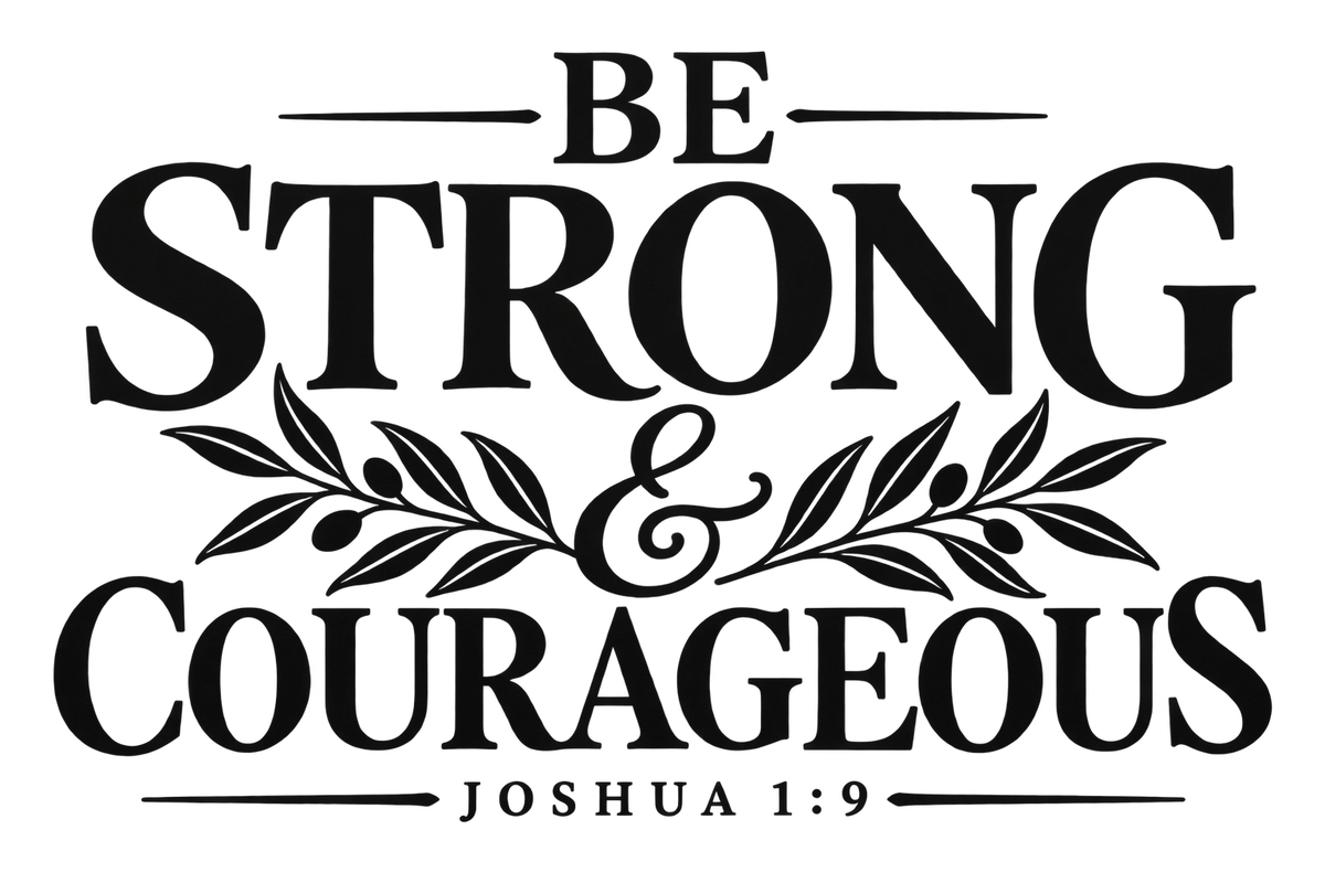 Be Strong and Courageous Joshua 1:9 Christian embroidery design with botanical detailing