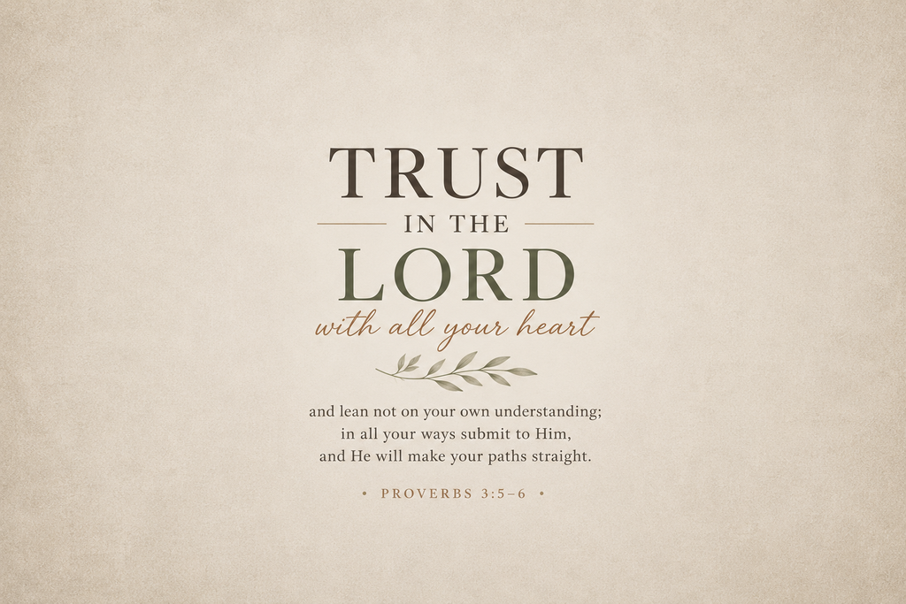 Proverbs 3:5–6 Christian canvas wall art featuring Trust in the Lord with All Your Heart Scripture typography on a warm neutral textured background.