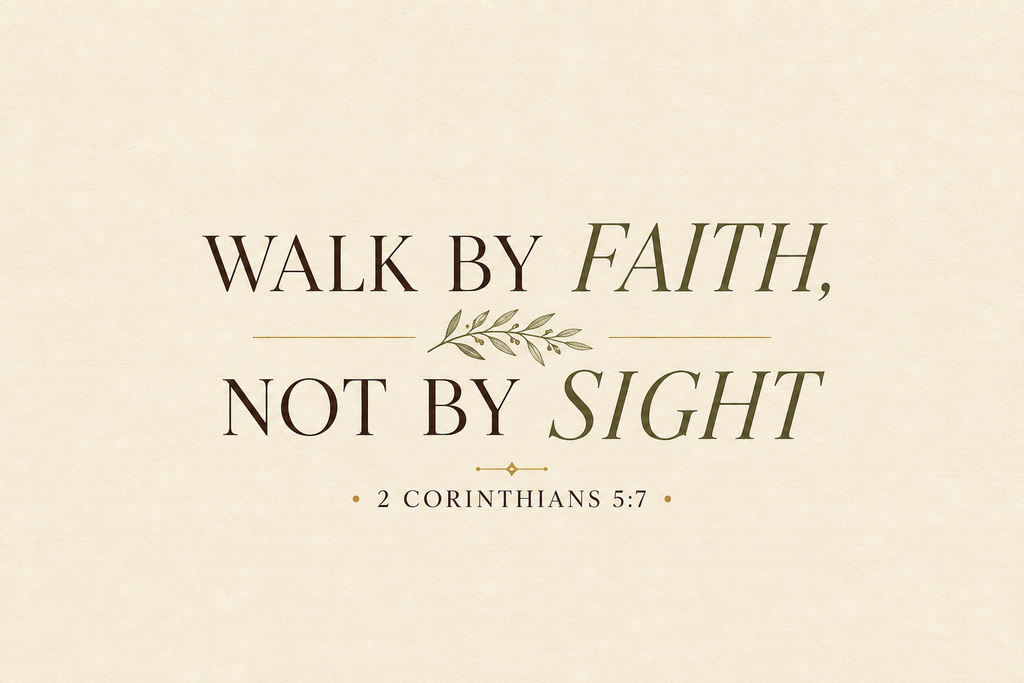 2 Corinthians 5:7 Christian canvas wall art featuring Walk by Faith, Not by Sight Scripture typography with a subtle botanical accent.