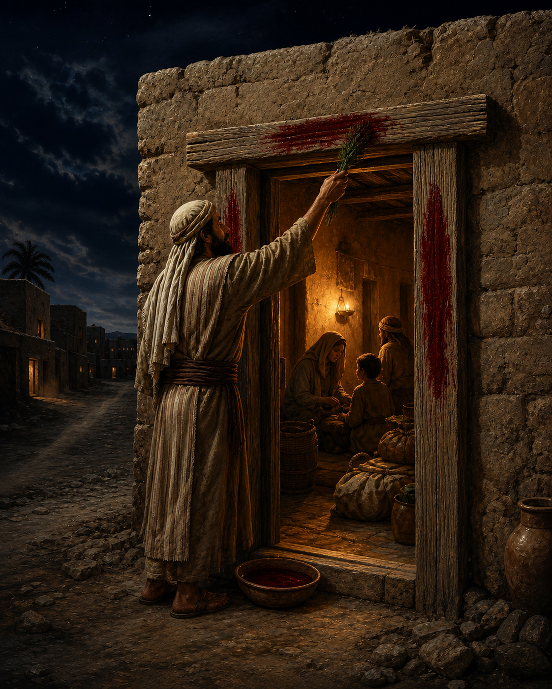 Exodus 12 Christian canvas wall art depicting the Passover with a man applying lamb’s blood to a doorway while his family shelters inside.