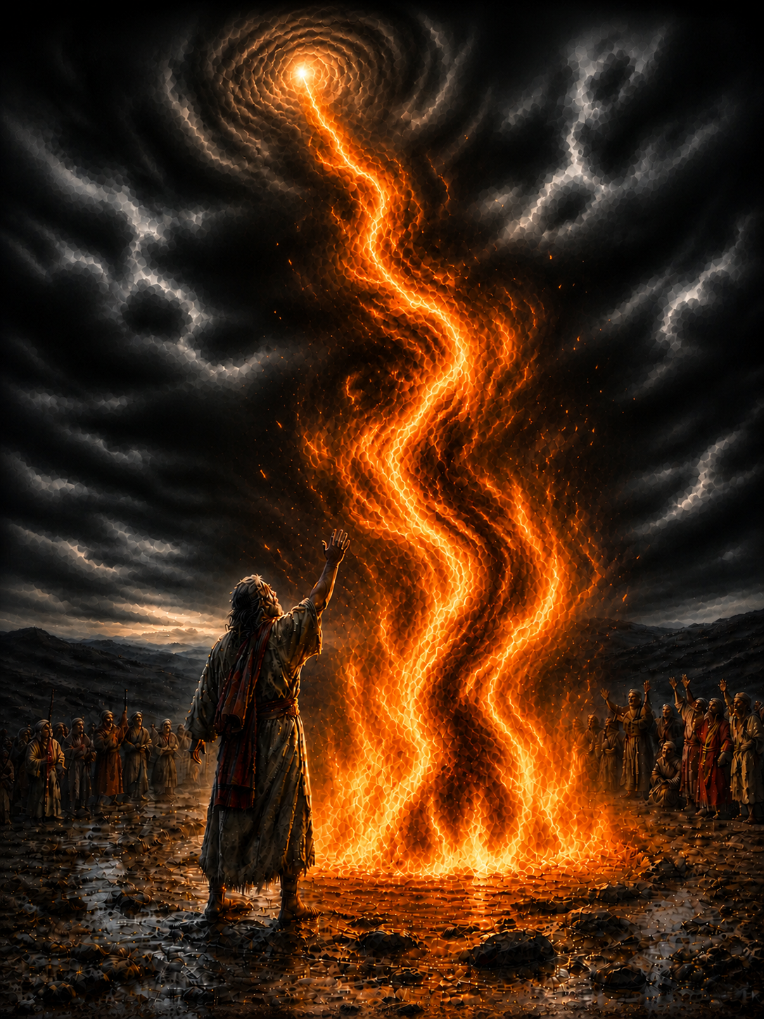 1 Kings 18 Christian canvas wall art depicting Elijah calling down fire from heaven before the gathered people on Mount Carmel.