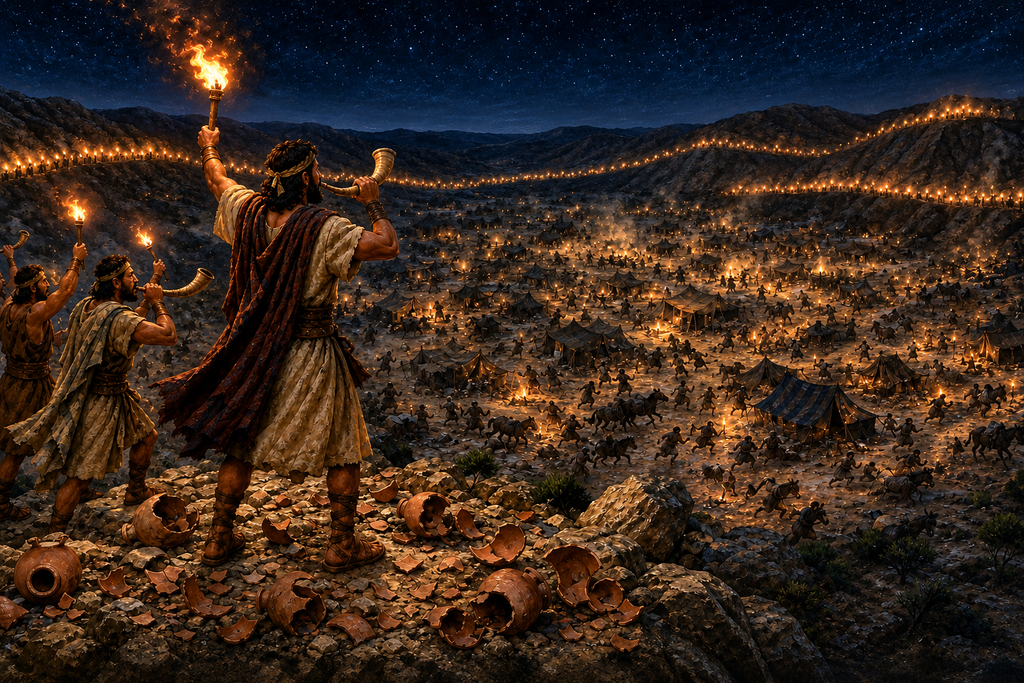 Judges 7 Christian canvas wall art depicting Gideon’s 300 raising torches and blowing trumpets above the Midianite camp at night.