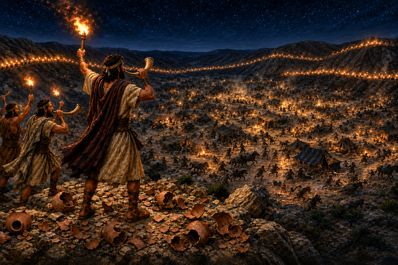 Judges 7 Christian canvas wall art depicting Gideon’s 300 raising torches and blowing trumpets above the Midianite camp at night.