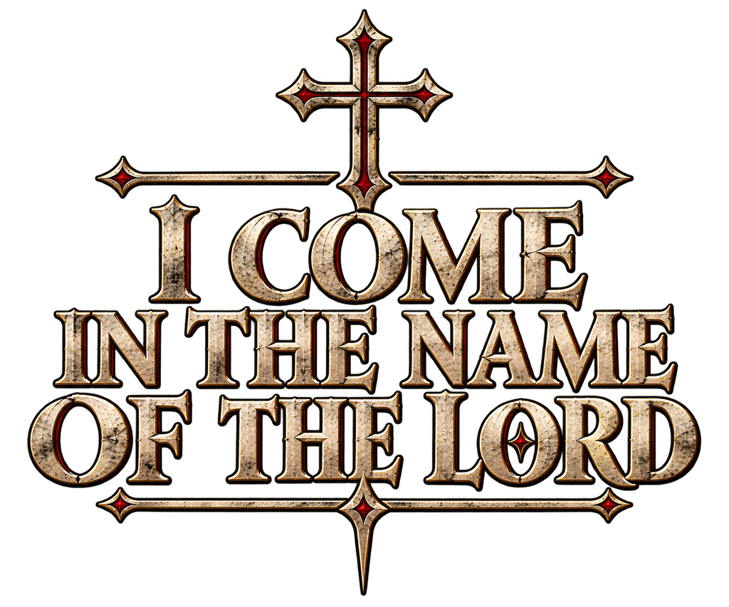 1. I Come in the Name of the Lord Christian crest artwork with ornate cross and heraldic lettering