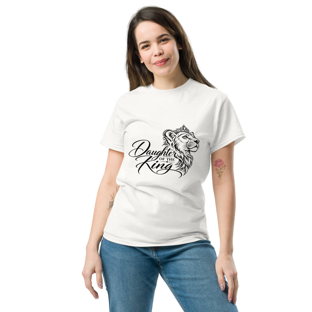 White Daughter of the King Christian T-shirt with crowned lioness full-front design