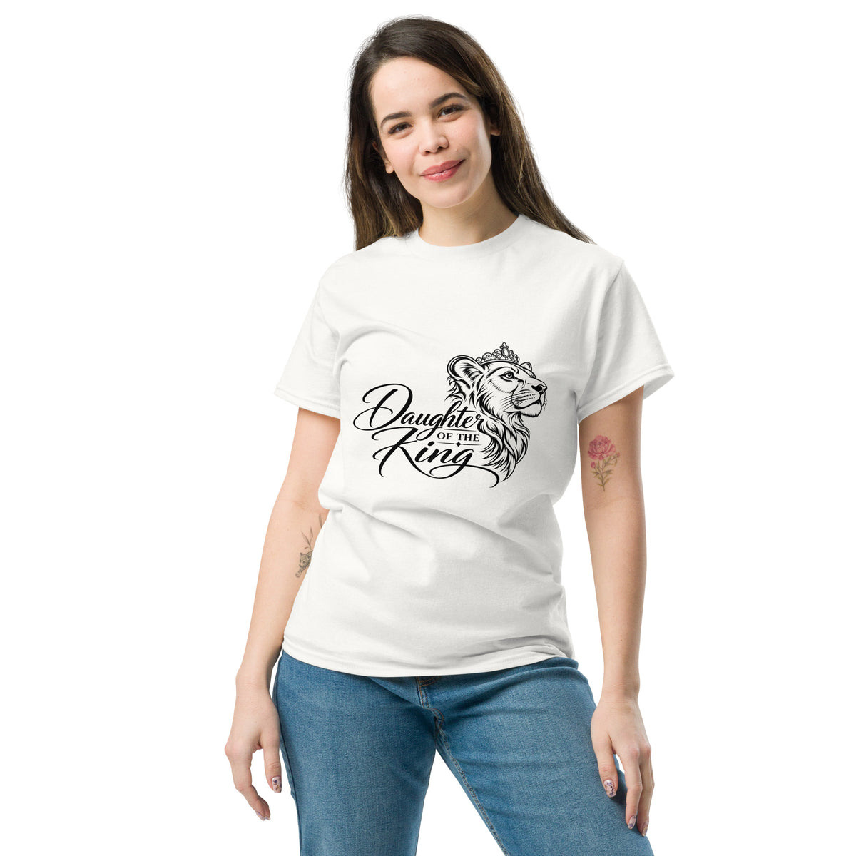 White Daughter of the King Christian T-shirt with crowned lioness full-front design