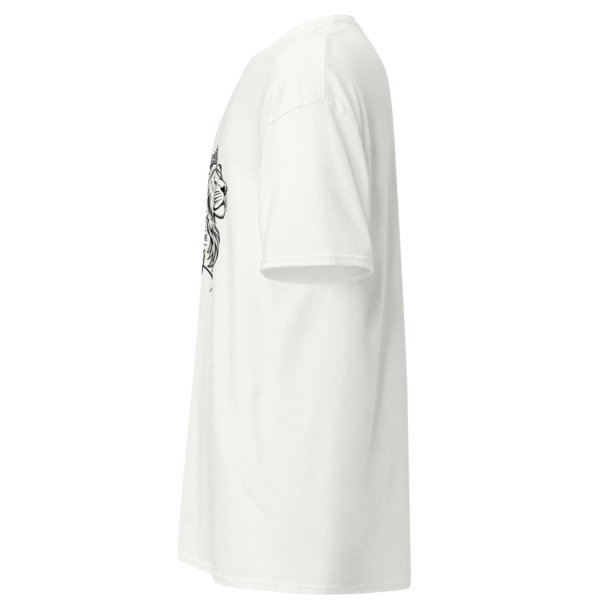 White Daughter of the King faith shirt left-side view showing crowned lioness design