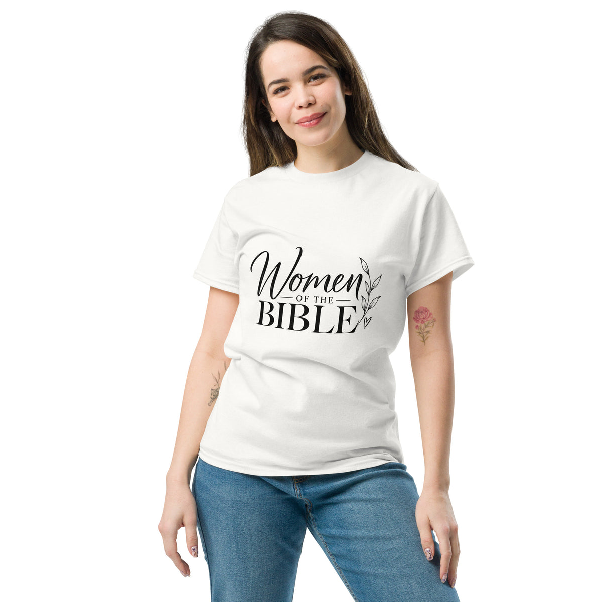 White Women of the Bible Christian T-shirt with full-front botanical faith design