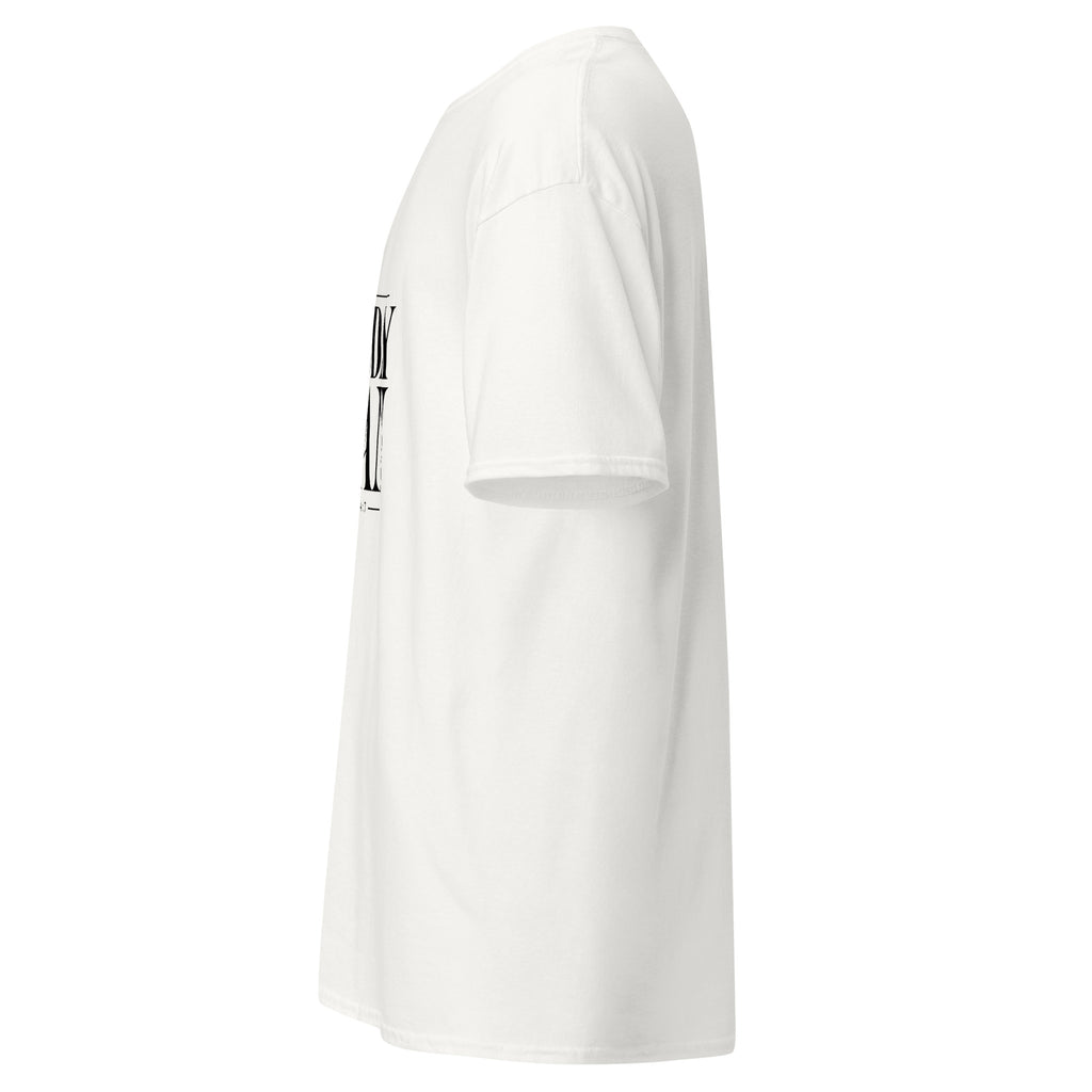 Left side view of white Not Today Satan Christian T-Shirt with bold front Christian design