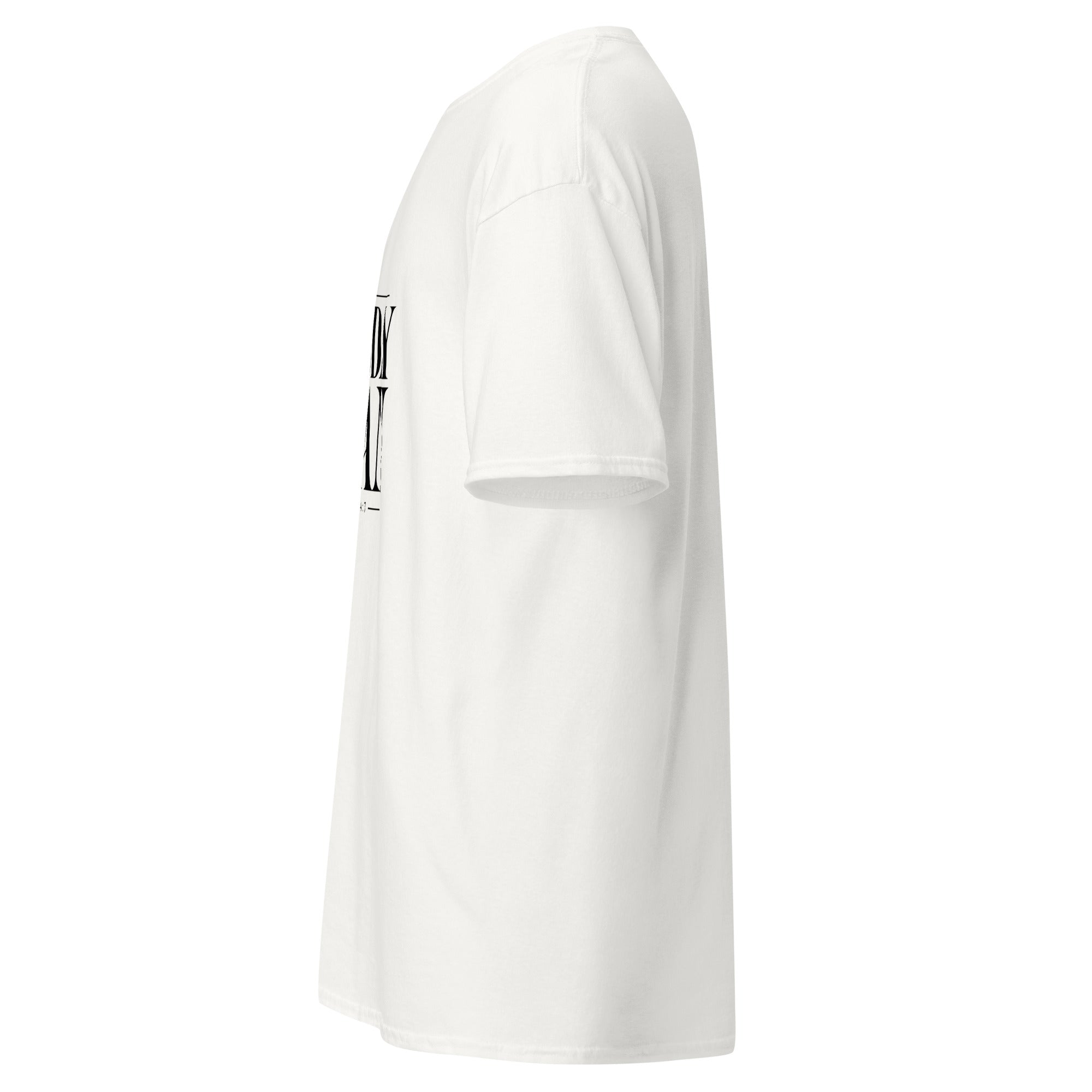 Left side view of white Not Today Satan Christian T-Shirt with bold front Christian design