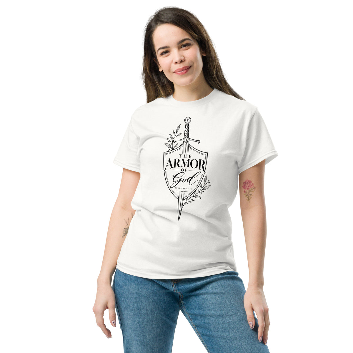 White women’s Armor of God Christian T-shirt with Ephesians 6:11 full-front sword and shield design