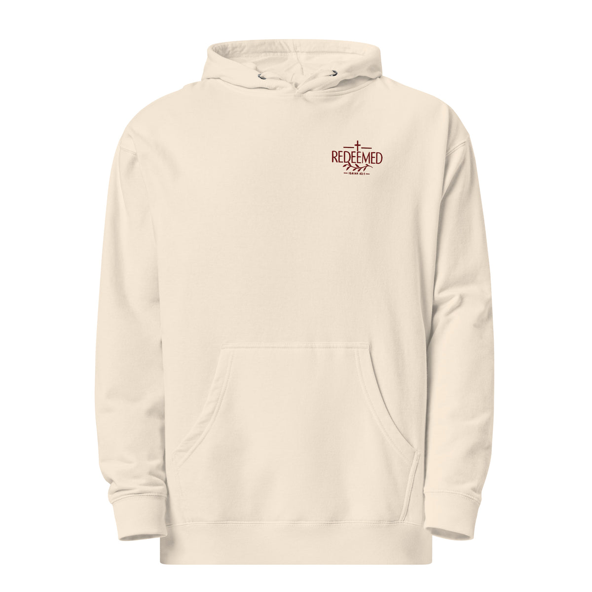 Bone women’s Redeemed Christian hoodie featuring maroon Isaiah 43:1 left-chest embroidery