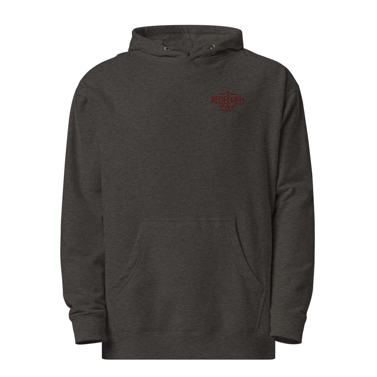 Charcoal Heather embroidered hoodie with Redeemed botanical Scripture emblem