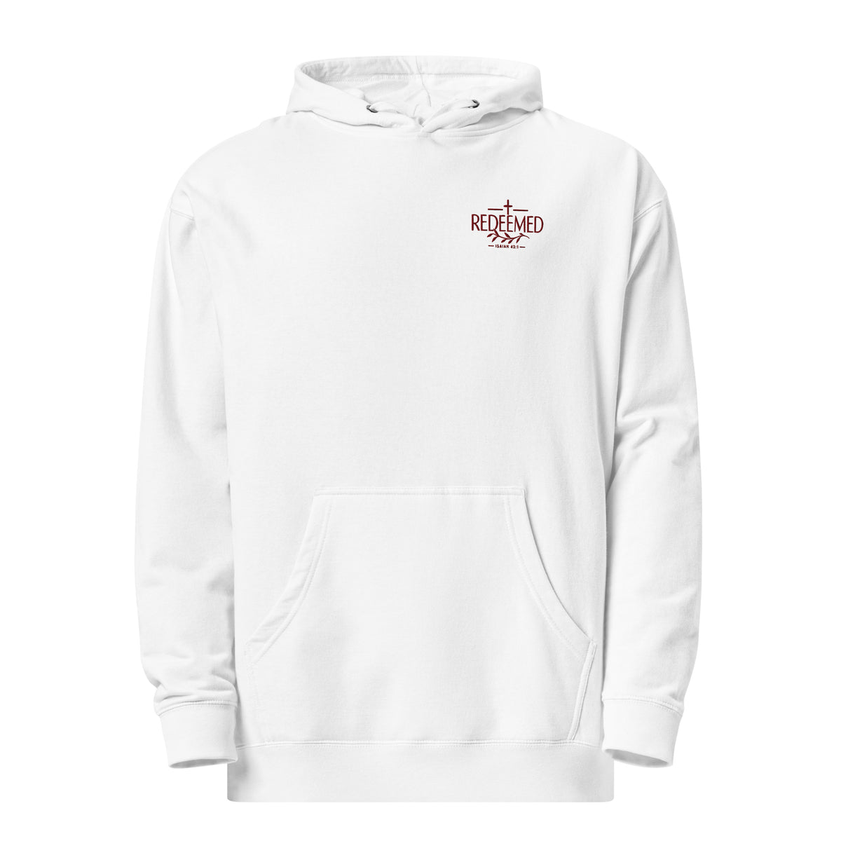 1. White Redeemed Christian hoodie with maroon cross botanical branch and Scripture reference