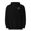 Black men’s Fight the Good Fight Christian hoodie with grey sword and 1 Timothy 6:12 embroidery