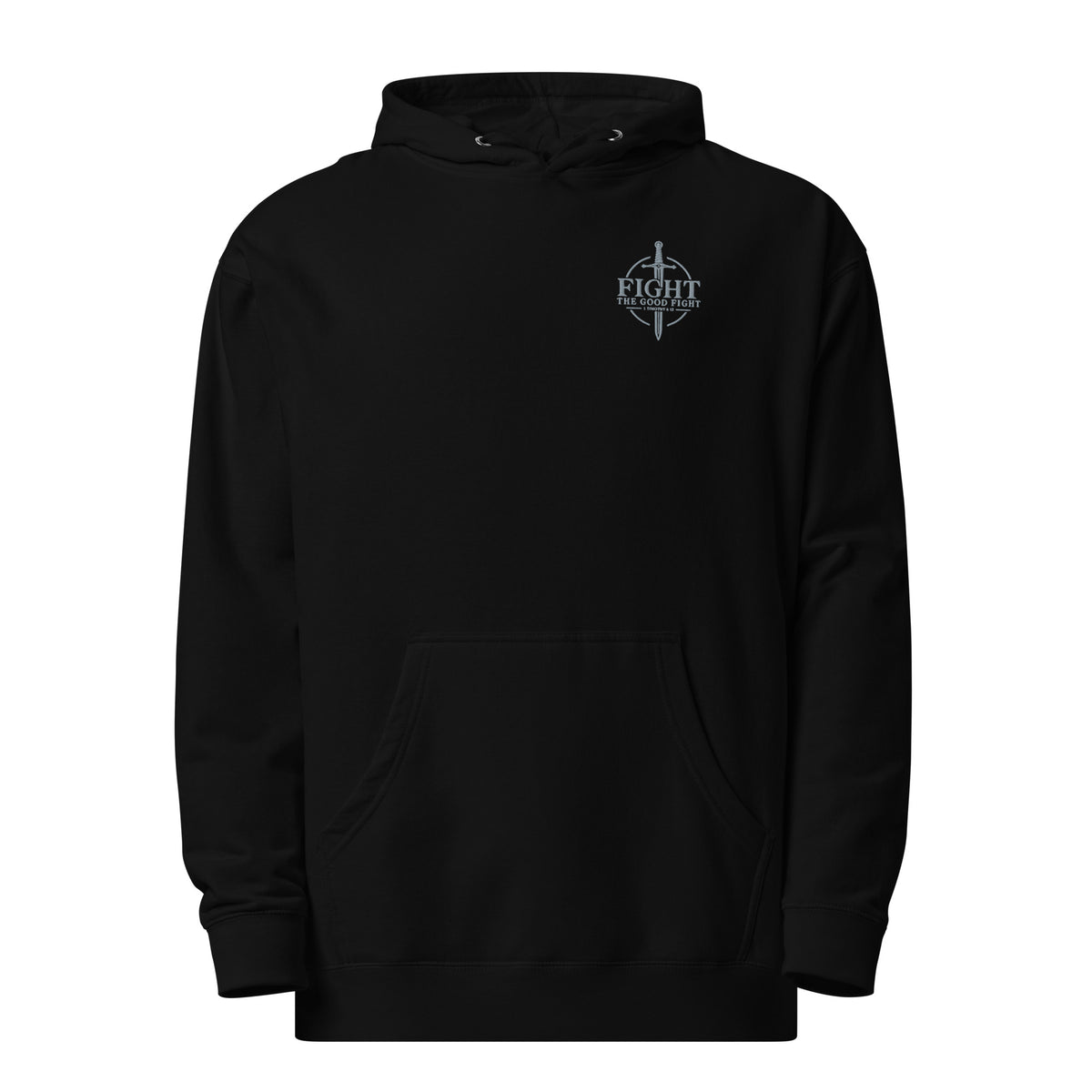 Black men’s Fight the Good Fight Christian hoodie with grey sword and 1 Timothy 6:12 embroidery
