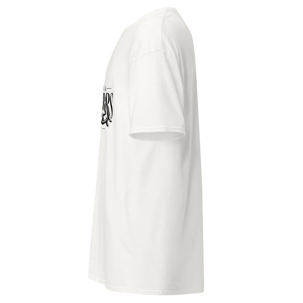 White women’s Christian T-shirt right-side view with broken-chain Scripture design