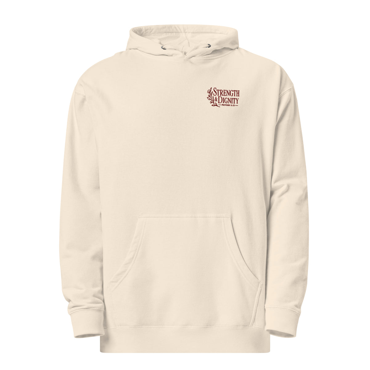 Bone women’s Strength and Dignity Christian hoodie featuring maroon left-chest embroidery