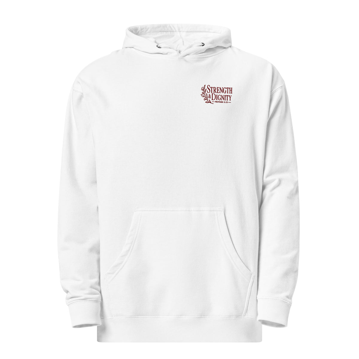 1. White Proverbs 31:25 Christian hoodie with maroon Strength and Dignity floral design