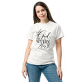 White women’s God Is Within Her Christian T-shirt with Psalm 46:5 botanical full-front design