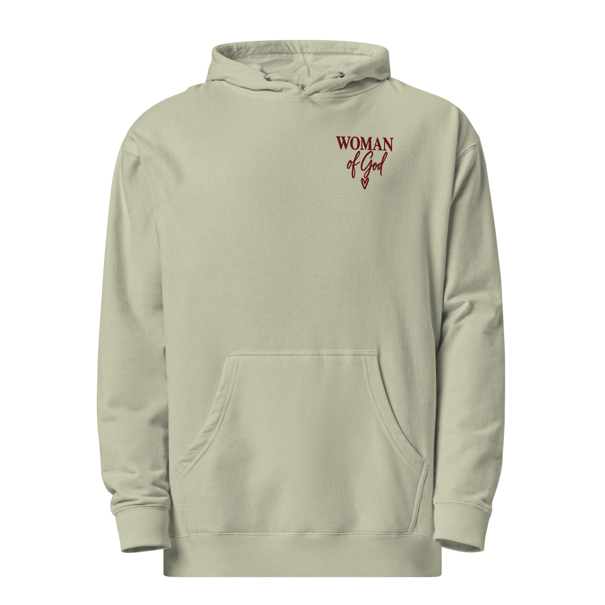 Dusty Sage Woman of God embroidered Christian hoodie with small chest design