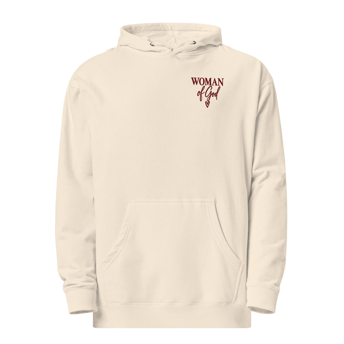 Bone Woman of God Christian hoodie featuring maroon left-chest embroidery