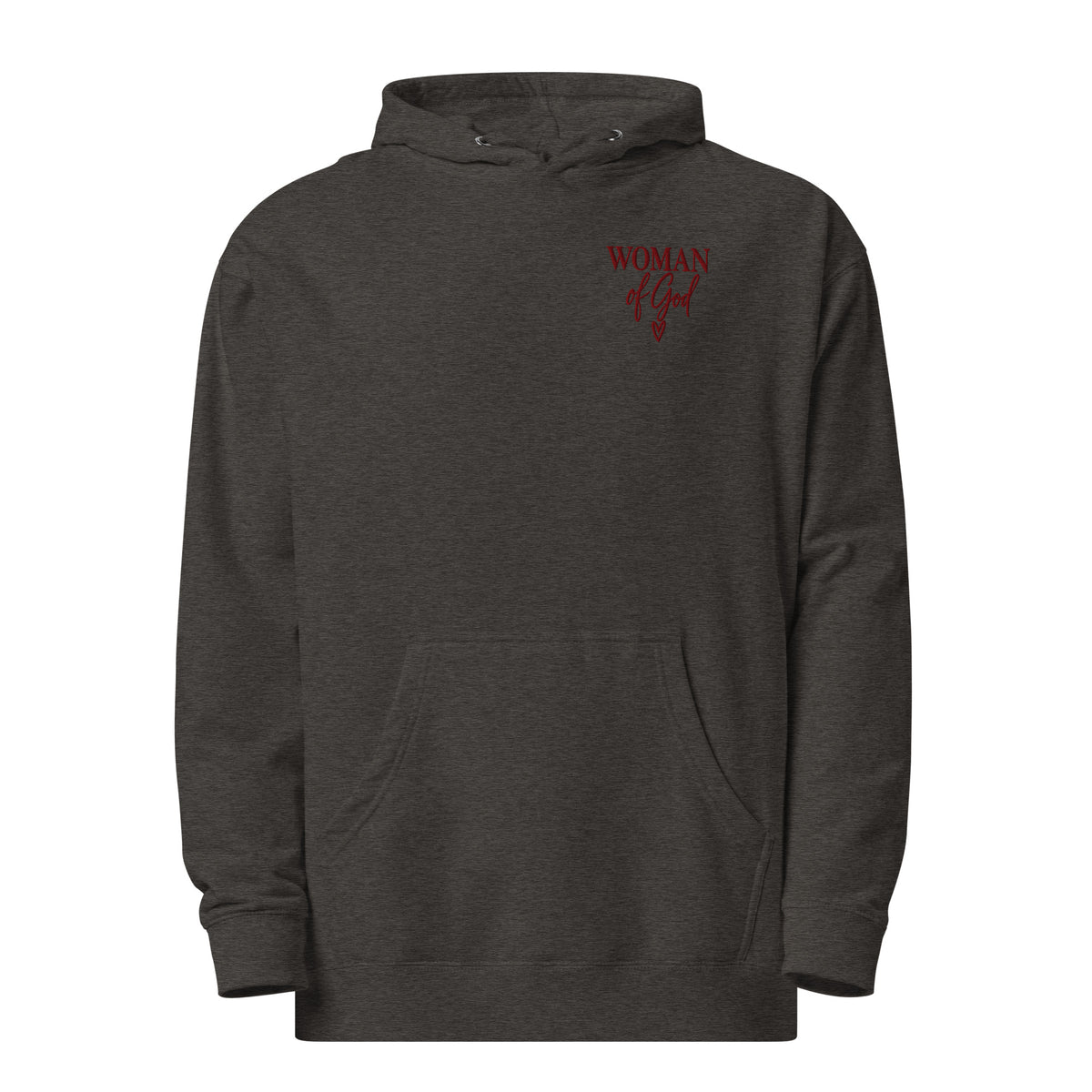 Charcoal Heather Woman of God embroidered Christian hoodie with maroon chest design