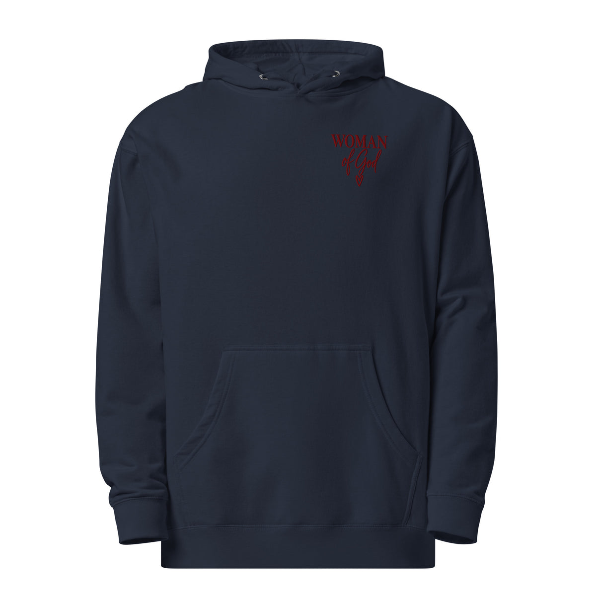 Classic Navy Woman of God Christian hoodie with maroon left-chest embroidery