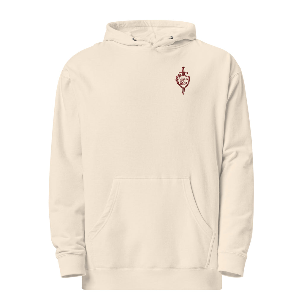 Bone Armor of God Christian hoodie featuring maroon Ephesians 6:11 chest embroidery