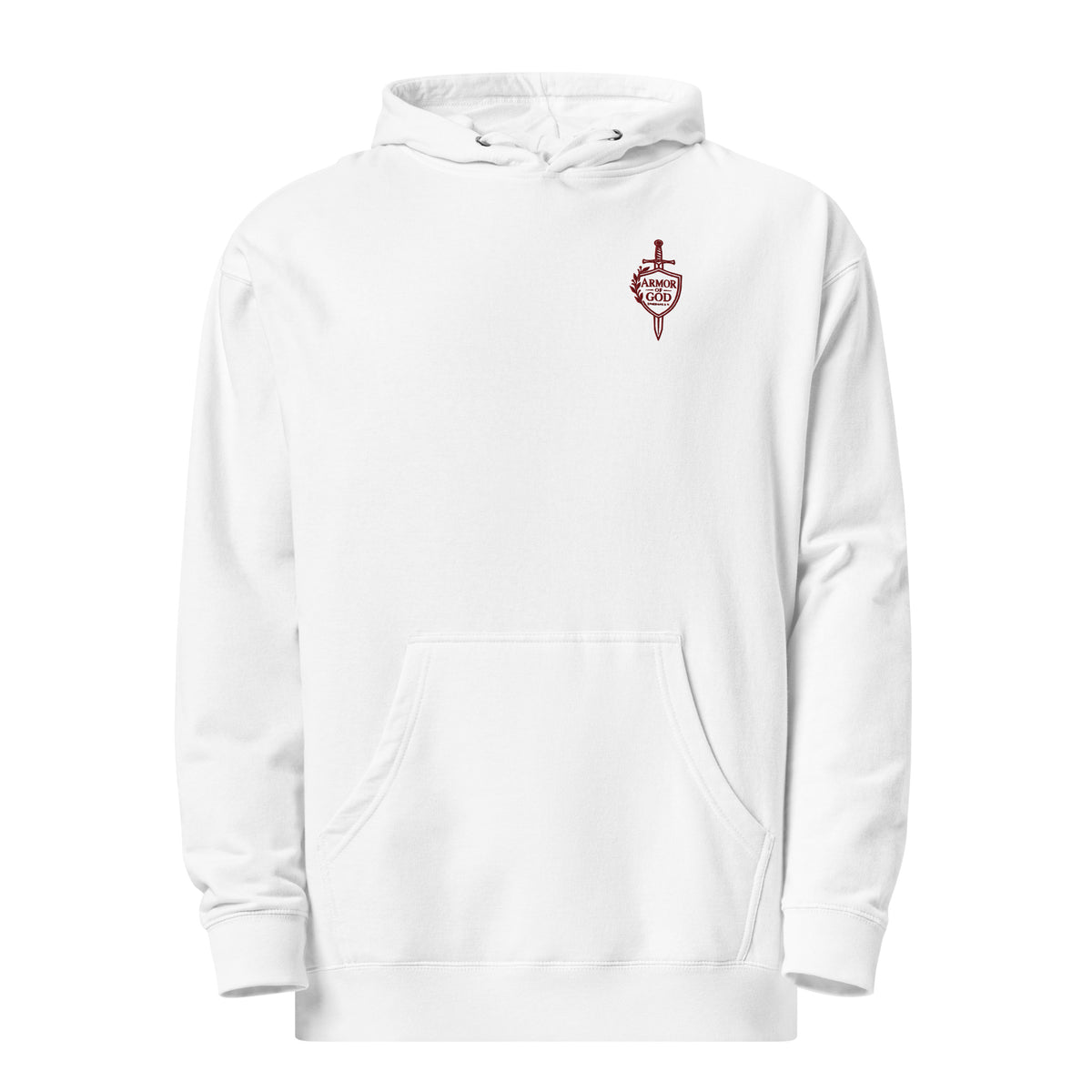 1. White Armor of God Christian hoodie with maroon shield sword and Ephesians 6:11 embroidery