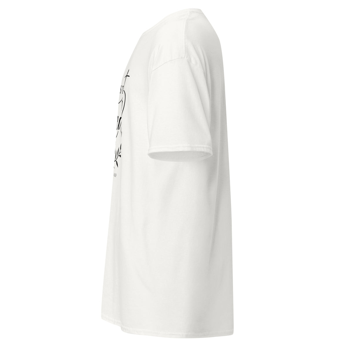 White Christian T-shirt left-side view with He First Loved Us Scripture artwork