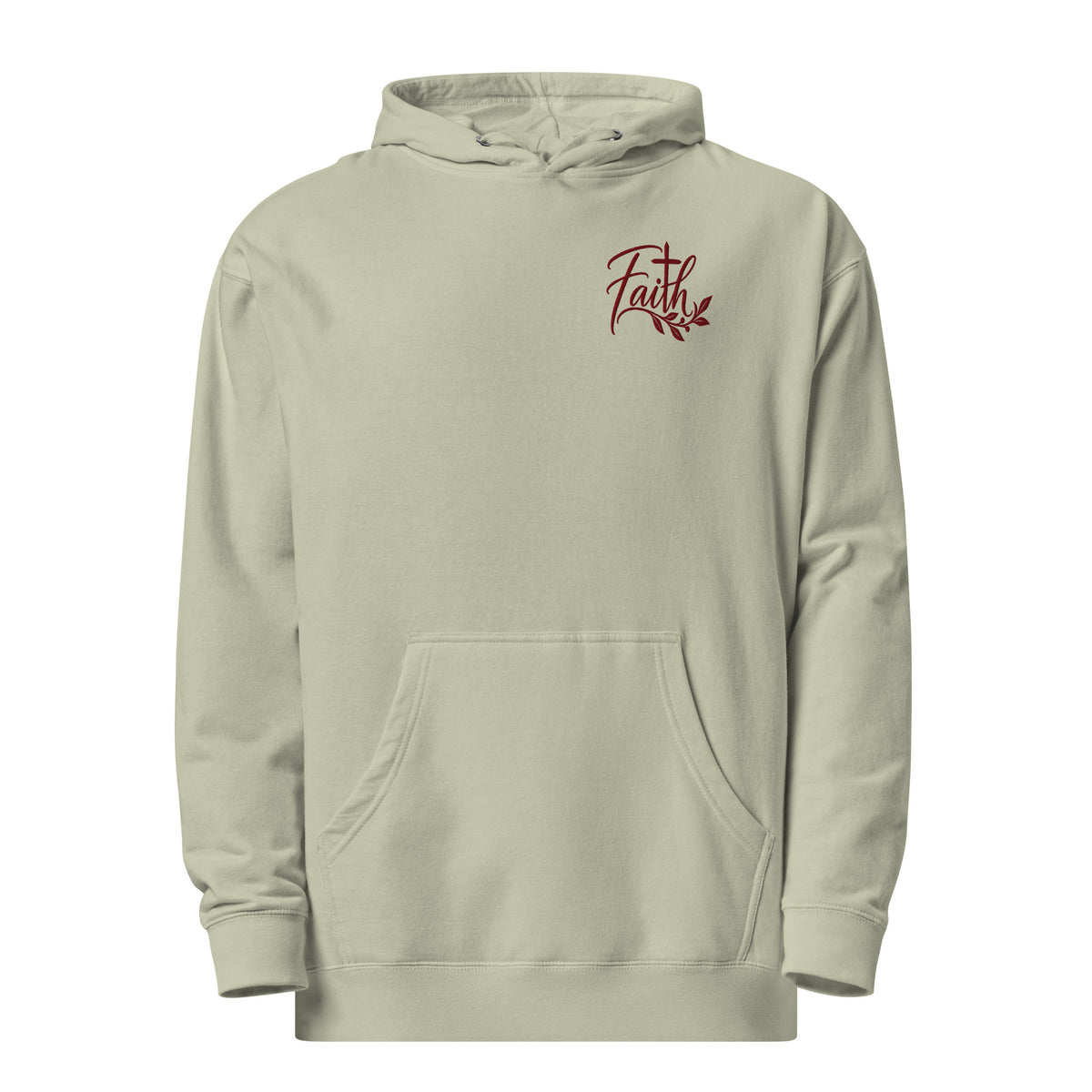 Dusty Sage embroidered Christian hoodie featuring Faith script and botanical design