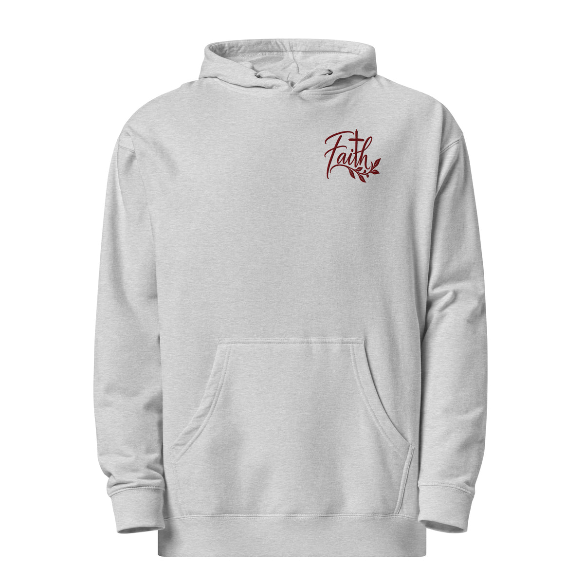 Heather Grey Faith Christian hoodie with feminine maroon left-chest embroidery