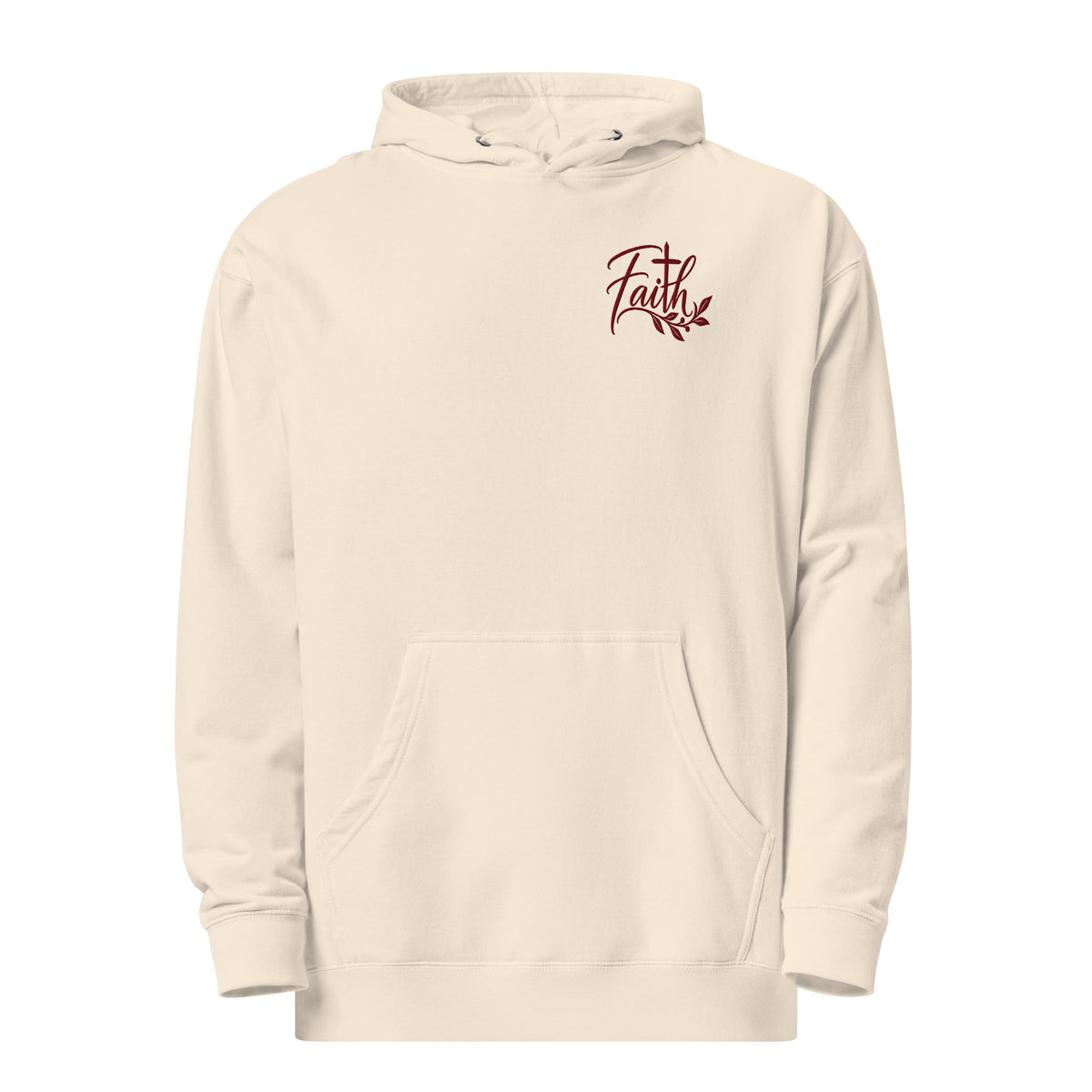 Bone Faith Christian hoodie featuring maroon left-chest cross and botanical embroidery
