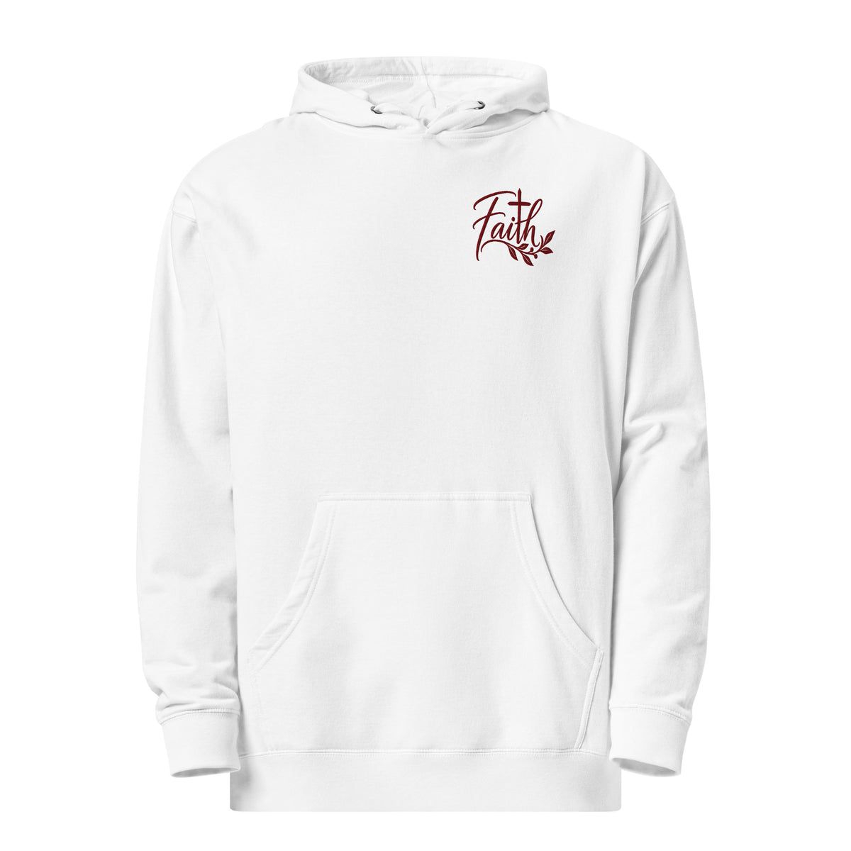 White Faith Christian hoodie with maroon Faith script, cross, and botanical chest embroidery