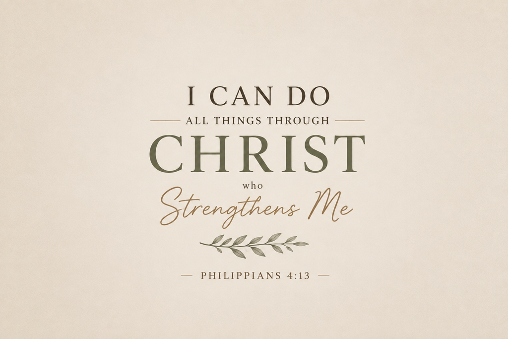 Philippians 4:13 Christian canvas wall art featuring I Can Do All Things Through Christ Who Strengthens Me Scripture typography with a subtle botanical accent.