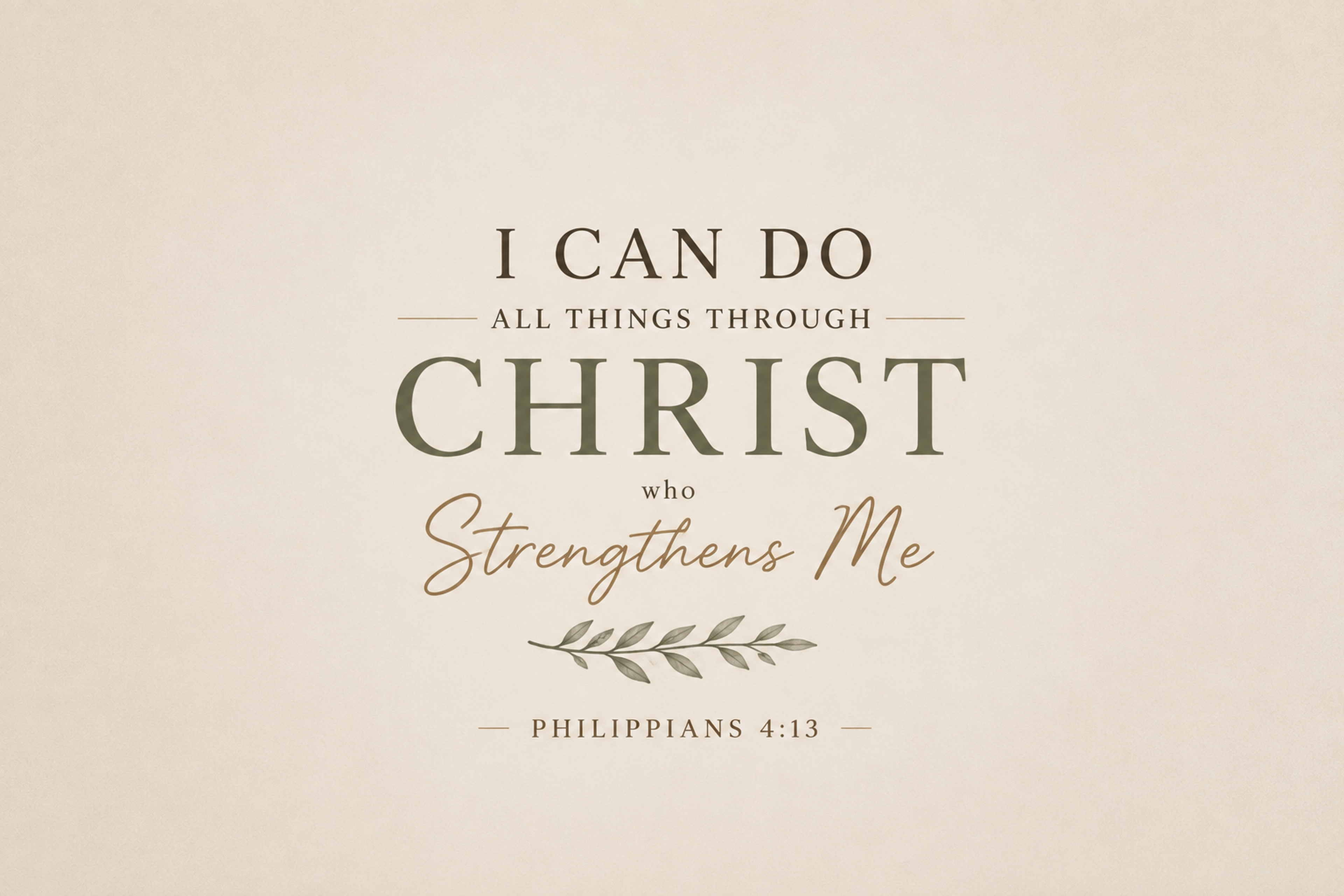 Philippians 4:13 Christian canvas wall art featuring I Can Do All Things Through Christ Who Strengthens Me Scripture typography with a subtle botanical accent.