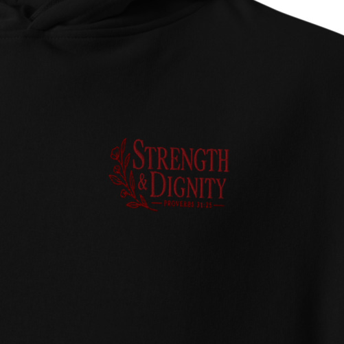 Close-up of black Strength in the Lord premium embroidered Christian hoodie with red chest embroidery.