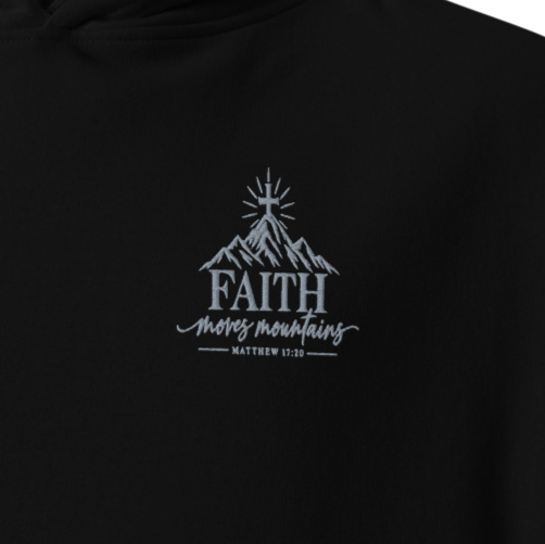 Close-up of black Faith Moves Mountains Matthew 17:20 premium embroidered Christian hoodie with silver chest embroidery.