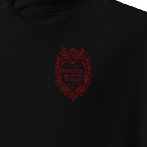 Close-up of black Strength & Dignity Proverbs 31:25 premium embroidered Christian hoodie with red floral crest chest embroidery.